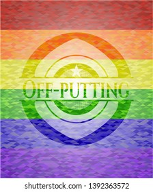 Off-putting on mosaic background with the colors of the LGBT flag