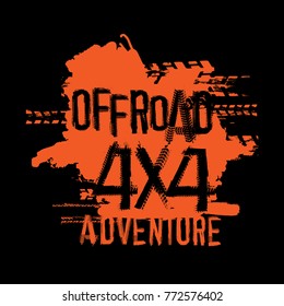 Off-Road 4x4 adventure hand drawn grunge lettering. Tire tracks words made from unique letters. Beautiful vector illustration. Editable graphic element in orange and black colours. 