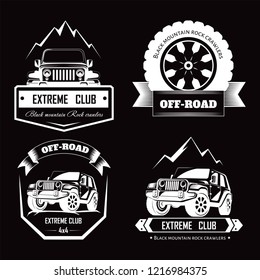 Off-road 4x4 extreme car club logo templates. Vector symbols and icons of off road car or truck with wheel tires and motor engine piston for mountain or rock crawlers club