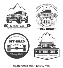 Off-road 4x4 extreme car club logo templates. Vector symbols and icons of off road car or truck with wheel tires and motor engine piston for mountain or rock crawlers club