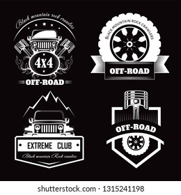 Off-road 4x4 extreme car club logo templates. Vector symbols and icons of off road car or truck with wheel tires and motor engine piston for mountain or rock crawlers club