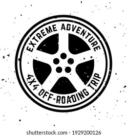 Off-road 4x4 extreme club vector round monochrome vintage emblem with tire isolated on white background