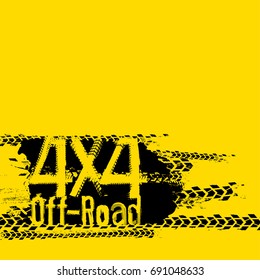 Off-Road 4x4 hand drawn grunge lettering on a bright yellow background. Tire tracks words made from unique letters. Beautiful vector illustration. Editable graphic element. 