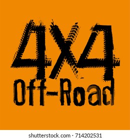 Off-Road 4x4 hand drawn grunge lettering. Tire tracks words made from unique letters. Beautiful vector illustration. Editable graphic element in orange and black colours. 
