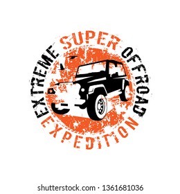 Off-road 4x4 logo. Extreme competition emblem. Off-roading suv adventure and car club elements. Vector illustration in black, orange colors with textured lettering isolated on a white background.