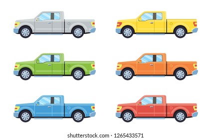 Off-road 4x4 pickup car. Side view offroad car in different colors. Flat style. Vector illustration. 