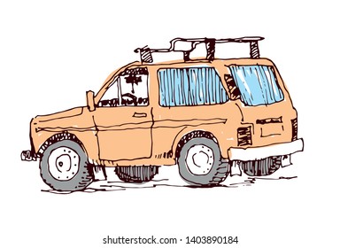 Off-road 4x4 SUV car with Roof rack. Hand drawn vector illustration.