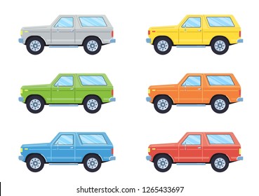 Off-road 4x4 suv car. Side view offroad car in different colors. Flat style. Vector illustration. 