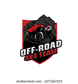 Off-road 4x4 team. Off-roading suv adventure, extreme competition emblem and car club element. Beautiful editable vector illustration in black, red, grey color isolated on a white background.