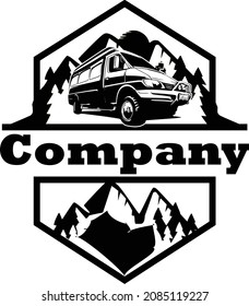 offroad adventure car logo emblem on black and white background of mountains and fir trees 