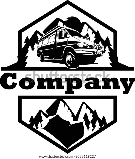 offroad adventure car logo\
emblem on black and white background of mountains and fir trees\
