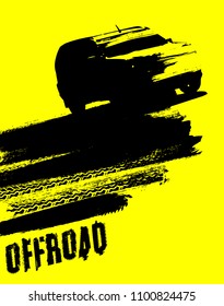 Off-road adventure element. Vector illustration in modern style with textured grunge background. Vertical layout in black and yellow colors useful for leaflet, poster or print design.