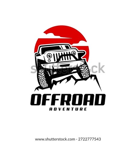 offroad adventure logo with vehicle and mountain design