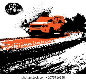 Off-road adventure poster. Vector illustration in modern style with textured grunge background. Landscape layout in black, orange and white colors useful for leaflet, placard or print design.