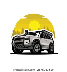 Offroad Adventure SUV with Awning in Outdoor Forest Vector Illustration. Best for Outdoor Automotive Related Tshirt Design