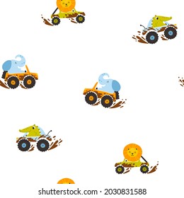 Off-road animals in cars in the mud seamless pattern. Cute cartoon characters elephant, crocodile and lion in childish hand-drawn style. Ideal for baby clothes, textiles, packaging