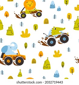 Off-road animals in cars in the mud seamless pattern. Cute cartoon childish hand-drawn style. Woodland with mountains. Ideal for baby clothes, textiles, packaging