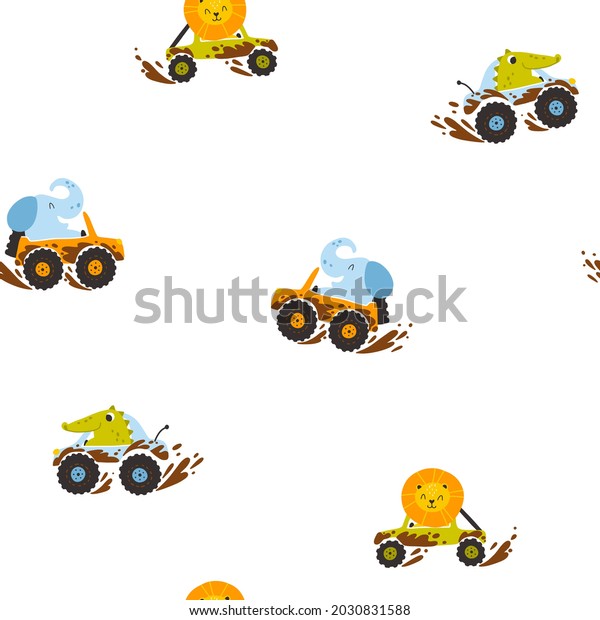 Off-road animals in cars in the mud seamless\
pattern. Cute cartoon characters elephant, crocodile and lion in\
childish hand-drawn style. Ideal for baby clothes, textiles,\
packaging