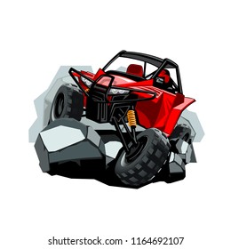 Off-Road ATV Buggy, rides in the mountains on the rocks. Red color.