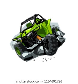 Off-Road ATV Buggy, rides through obstacles stones. Green color.