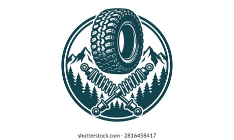 Off-road automotive emblem featuring a large mud-terrain tire, crossed vehicle shock absorbers, mountain peaks, and pine tree forest silhouette in a circular badge frame.