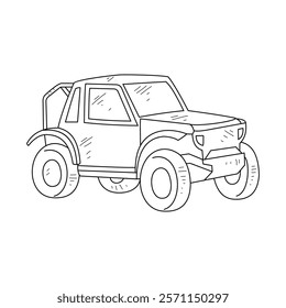 Off-Road Beast: A Minimalist Line Drawing Vector Design Capturing the Raw Power and Rugged Engineering of a off-road vehicle, Featuring Aggressive Suspension Lift, Oversized All-Terrain Tires. 