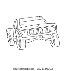 Off-Road Beast: A Minimalist Line Drawing Vector Design Capturing the Raw Power and Rugged Engineering of a off-road vehicle, Featuring Aggressive Suspension Lift, Oversized All-Terrain Tires. 