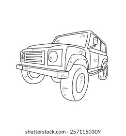 Off-Road Beast: A Minimalist Line Drawing Vector Design Capturing the Raw Power and Rugged Engineering of a off-road vehicle, Featuring Aggressive Suspension Lift, Oversized All-Terrain Tires. 