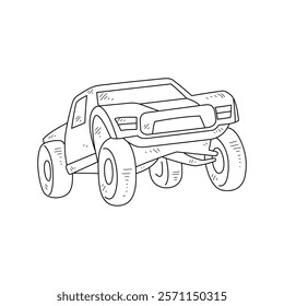 Off-Road Beast: A Minimalist Line Drawing Vector Design Capturing the Raw Power and Rugged Engineering of a off-road vehicle, Featuring Aggressive Suspension Lift, Oversized All-Terrain Tires. 