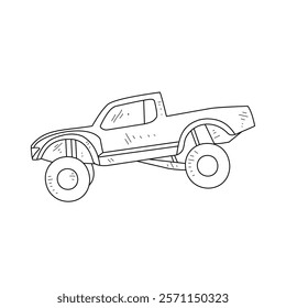 Off-Road Beast: A Minimalist Line Drawing Vector Design Capturing the Raw Power and Rugged Engineering of a off-road vehicle, Featuring Aggressive Suspension Lift, Oversized All-Terrain Tires. 