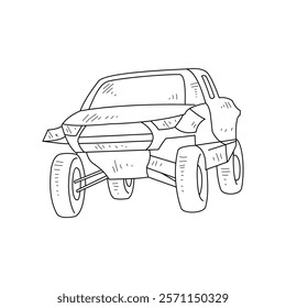 Off-Road Beast: A Minimalist Line Drawing Vector Design Capturing the Raw Power and Rugged Engineering of a off-road vehicle, Featuring Aggressive Suspension Lift, Oversized All-Terrain Tires. 