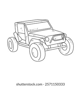 Off-Road Beast: A Minimalist Line Drawing Vector Design Capturing the Raw Power and Rugged Engineering of a off-road vehicle, Featuring Aggressive Suspension Lift, Oversized All-Terrain Tires. 