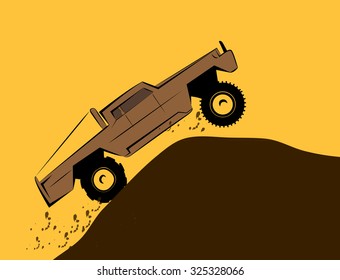 Off-road big pick-up car rides on top of mountain. Vector illustration.