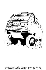 off-road, Black and white illustration car