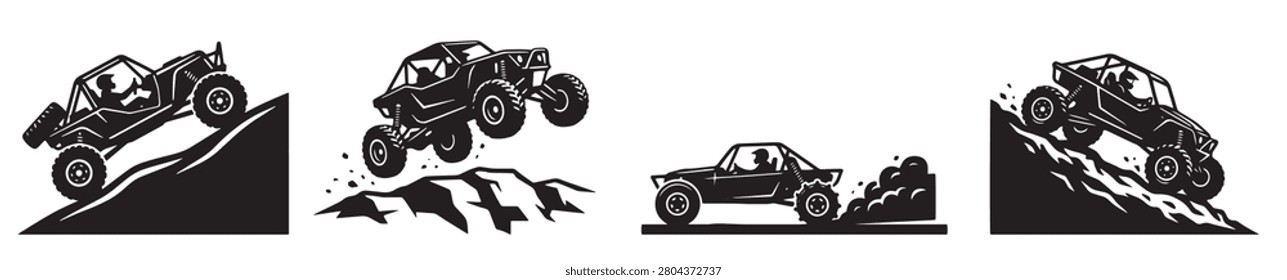 Offroad Buggy Silhouette Mega Bundle - Extreme 4x4 UTV Side and Front Profile Icon Pack - Modern Sand Rail Motorsport Vector Template Collection

Supercharge your commercial stock portfolio with this high-demand master collection featuring a huge bundle of unique offroad buggy and side-by-side UTV vector silhouettes. This professional high-quality toolkit combines multiple expansive design sets showing adventure motorsport layouts, front grille profiles, isolated side views, and extreme action terrain driving scenes like steep hill climbs, rock crawling, sand dune jumping, and mud splashing. Expertly rendered in flat solid configurations, this clean vector pack avoids complex overlapping line gradients or shadows. It is highly optimized for vinyl decal cutting machines, custom screen printing extreme sports apparel, t-shirt lines, motorsport club patches, garage tuning catalogs, rugged sticker packs, and print on demand digital downloads.