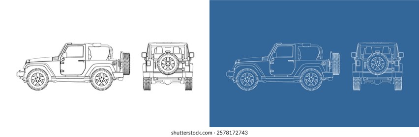 offroad cabriolet convertible car technical line drawing blueprint from side and rear view. SUV car outline isolated on white and blue background