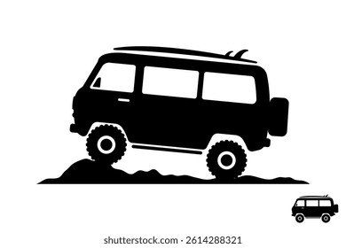 Camper todoterreno con icono de tabla de surf. Silueta negra. Vista lateral. Vector simple ilustración gráfica plana. Objeto aislado sobre fondo blanco. Aislar.