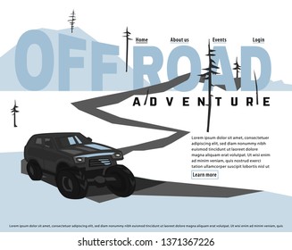 Off-road car banner. Off-roading SUV adventure, extreme competition leaflet and car club advertising. Beautiful vector illustration in light blue and grey colors isolated on a white background.
