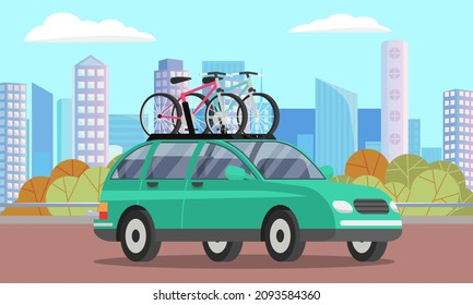 Offroad car with bicycle on roof vector isolated automobile transport. Car tourism concept. Time to travel illustration. Crossover with two bicycles mounted on roof rack. Modern station wagon car