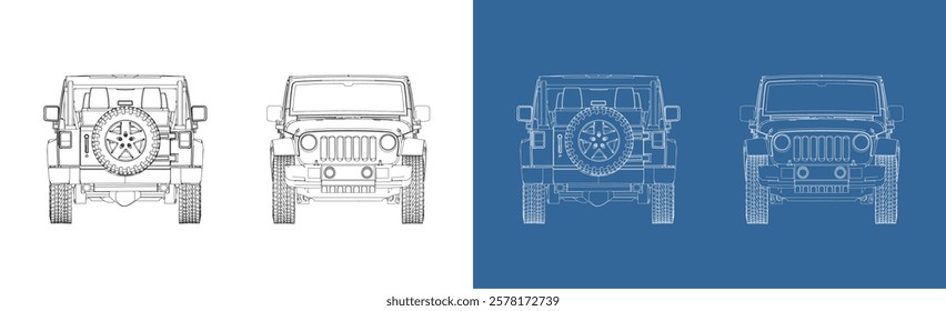 offroad car cabriolet convertible technical line drawing blueprint from front and rear view. SUV car outline isolated 