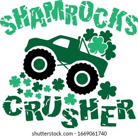 Off-road car, crushing shamrocks. Dark background version. Funny Patrick's day theme design. 