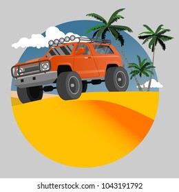 Off-road car in the desert. Color logo. Vector illustration.