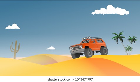 Off-road car in the desert. Vector illustration.
