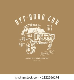 Off-road car emblem with rough texture for t-shirt. White print on brown background