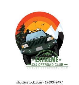 Off-road car or expedition offroader with mountain and forest nature background for round or circle label badge. Vector illustration.