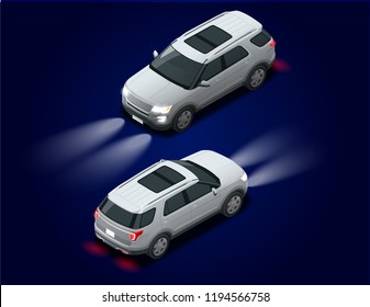 Off-road car with headlights and shadows. Modern VIP transport. Flat 3d isometric vector illustration. For infographics and design games