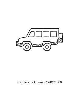 Offroad car icon in doodle sketch lines. Truck, double cabin, 4x4, 4 wheel driver explore safari 