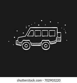 Offroad car icon in doodle sketch lines. Truck, double cabin, 4x4, 4 wheel driver explore safari 