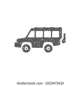 Offroad car icon in grunge texture. Vintage style vector illustration.