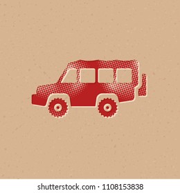Offroad car icon in halftone style. Grunge background vector illustration.